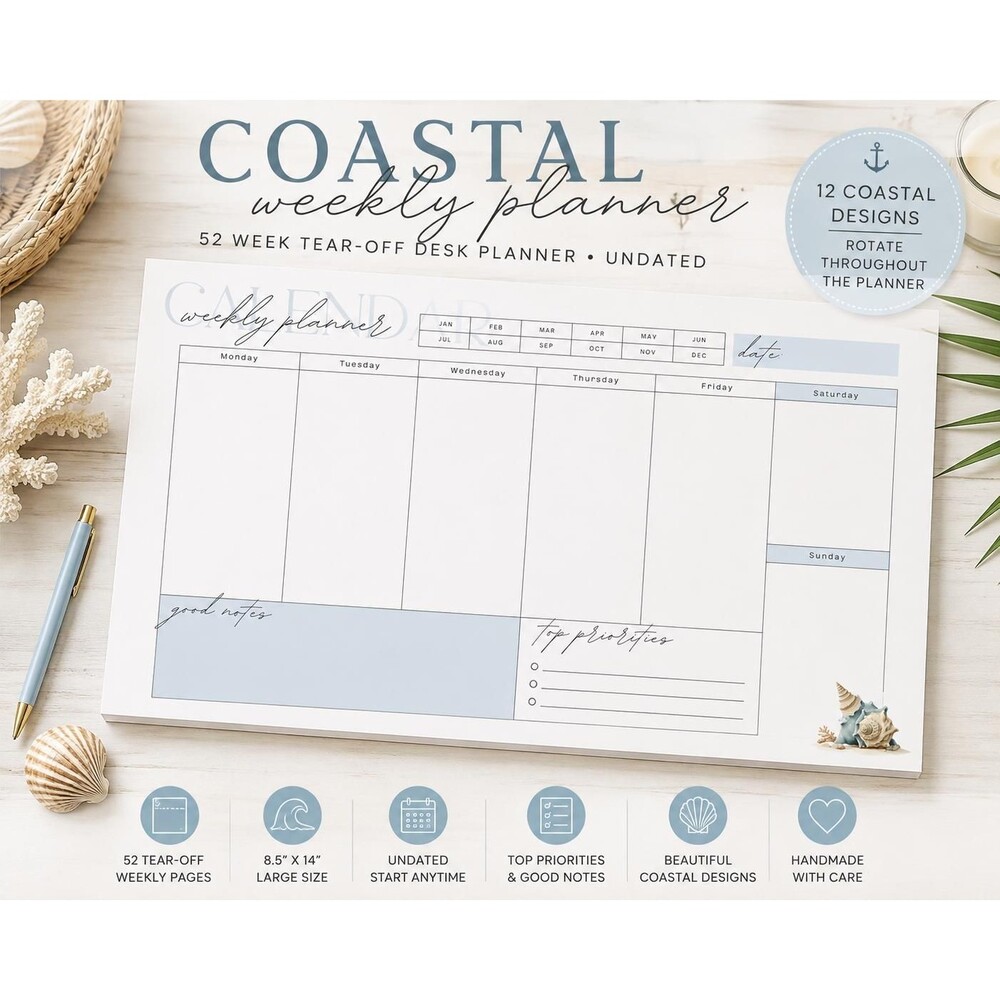 Undated Coastal Weekly Planner, 52 Week Tear-Off Desk Organizer (8.5" x 14")
